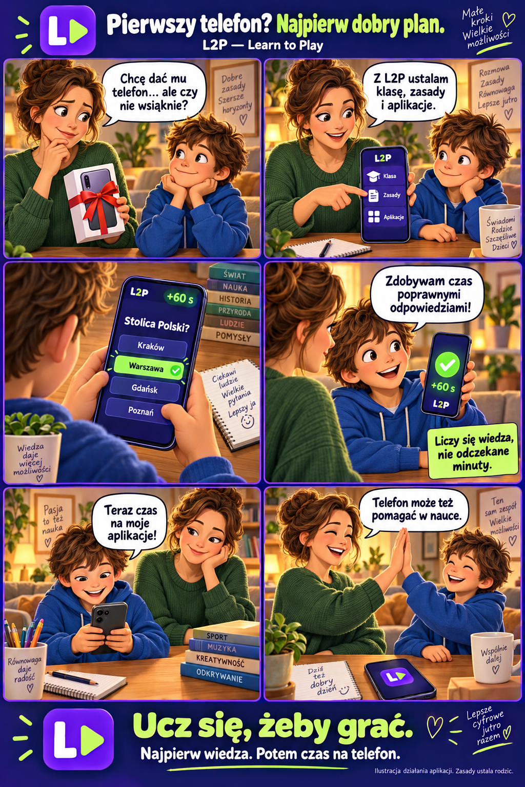 Komiks Pierwszy telefon i wspólne zasady: Pierwszy telefon to radość i obawy. Rodzic i dziecko układają wspólny plan.