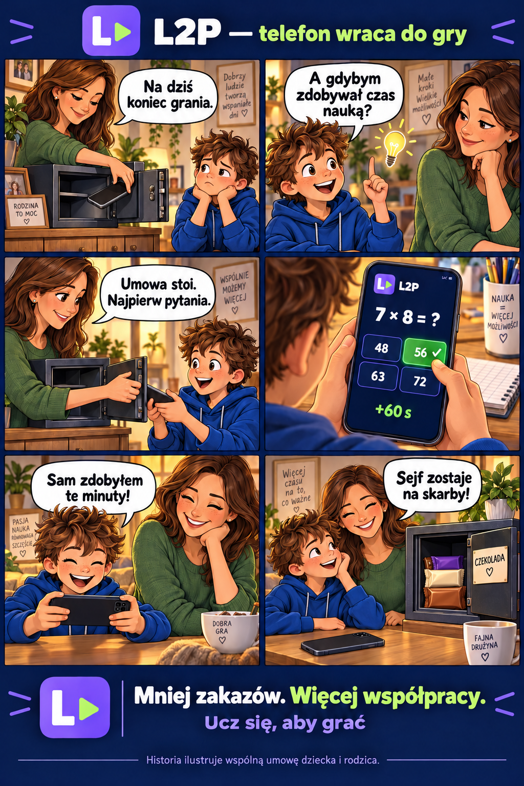 Komiks Telefon wraca z sejfu: Dziecko proponuje naukę przed korzystaniem z telefonu. Sejf może odpocząć.